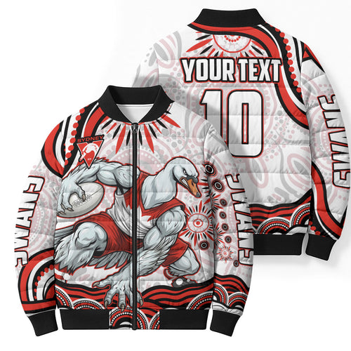Personalized Sydney Swans Football Mascot Bomber Puffer Jacket Aboriginal Dot Art - Dreamtime Football Mascot