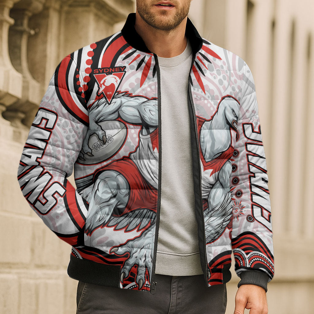 Personalized Sydney Swans Football Mascot Bomber Puffer Jacket Aboriginal Dot Art - Dreamtime Football Mascot