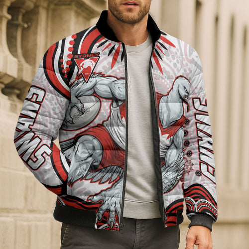 Personalized Sydney Swans Football Mascot Bomber Puffer Jacket Aboriginal Dot Art - Dreamtime Football Mascot