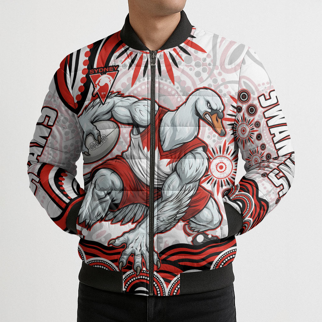 Personalized Sydney Swans Football Mascot Bomber Puffer Jacket Aboriginal Dot Art - Dreamtime Football Mascot