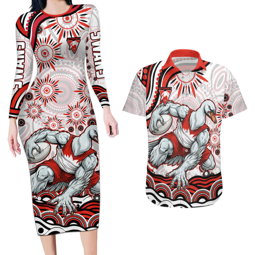 Personalized Sydney Swans Football Mascot Couples Matching Long Sleeve Bodycon Dress and Hawaiian Shirt Aboriginal Dot Art - Dreamtime Football Mascot
