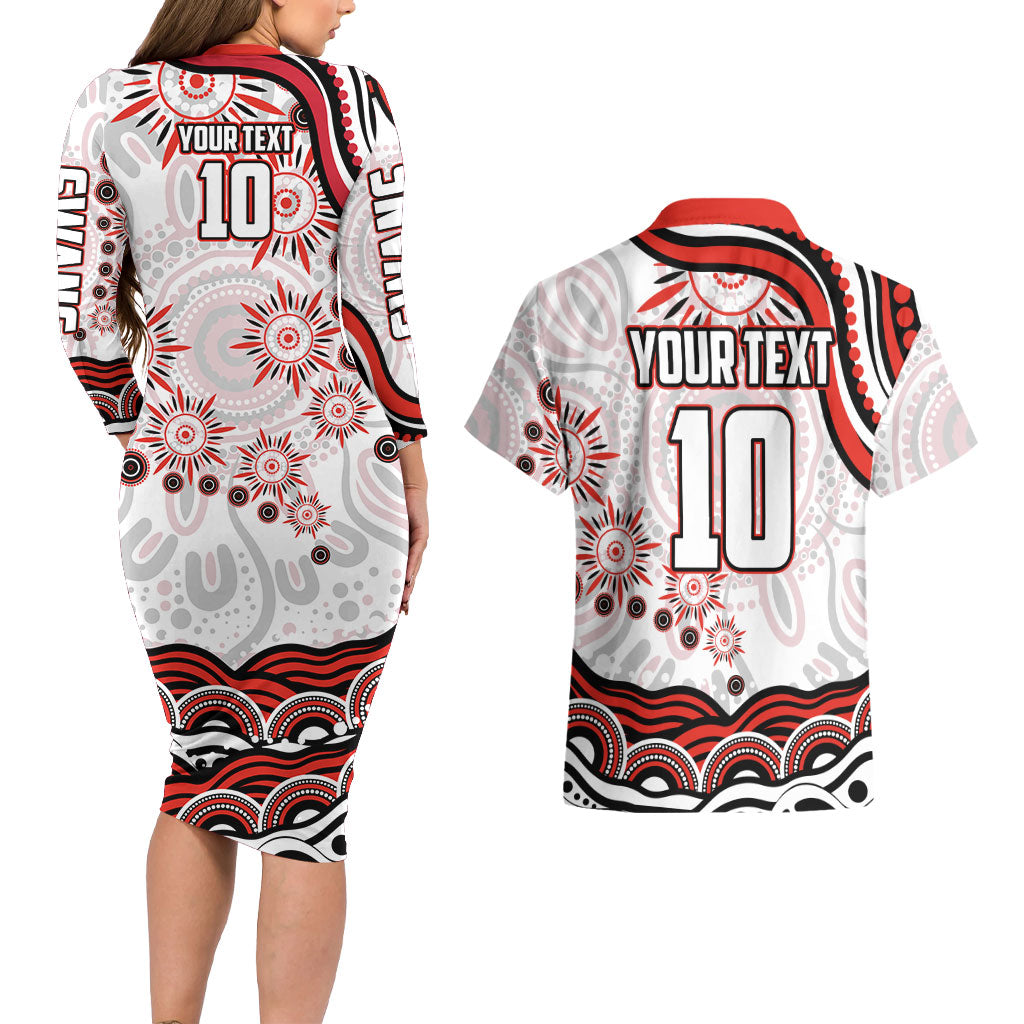 Personalized Sydney Swans Football Mascot Couples Matching Long Sleeve Bodycon Dress and Hawaiian Shirt Aboriginal Dot Art - Dreamtime Football Mascot