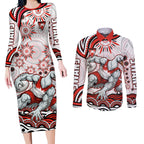 Personalized Sydney Swans Football Mascot Couples Matching Long Sleeve Bodycon Dress and Long Sleeve Button Shirt Aboriginal Dot Art - Dreamtime Football Mascot