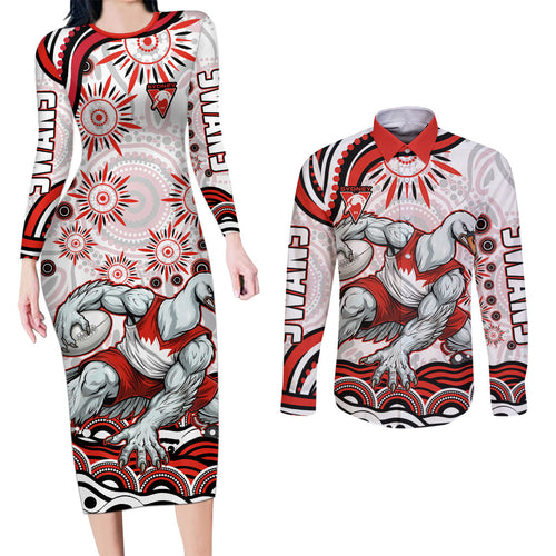 Personalized Sydney Swans Football Mascot Couples Matching Long Sleeve Bodycon Dress and Long Sleeve Button Shirt Aboriginal Dot Art - Dreamtime Football Mascot