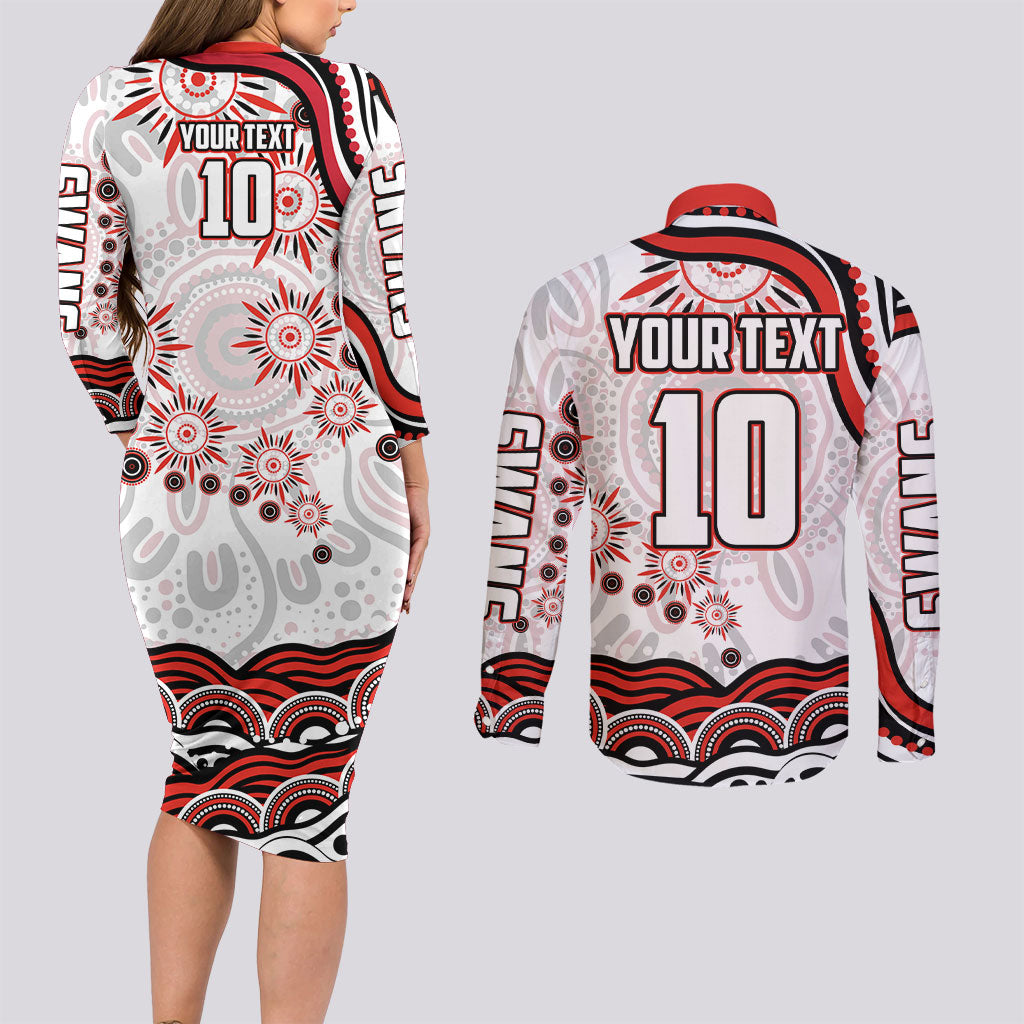 Personalized Sydney Swans Football Mascot Couples Matching Long Sleeve Bodycon Dress and Long Sleeve Button Shirt Aboriginal Dot Art - Dreamtime Football Mascot