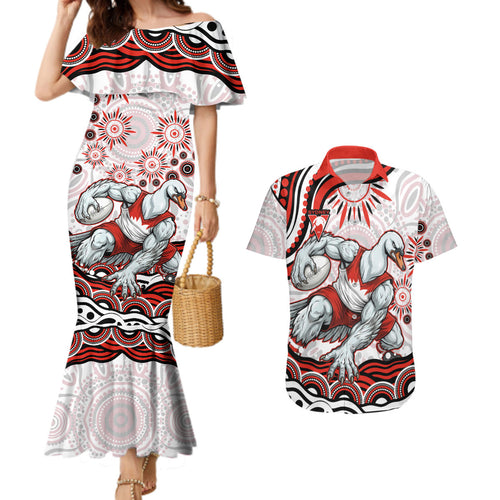 Personalized Sydney Swans Football Mascot Couples Matching Mermaid Dress and Hawaiian Shirt Aboriginal Dot Art - Dreamtime Football Mascot