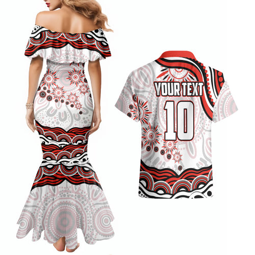 Personalized Sydney Swans Football Mascot Couples Matching Mermaid Dress and Hawaiian Shirt Aboriginal Dot Art - Dreamtime Football Mascot