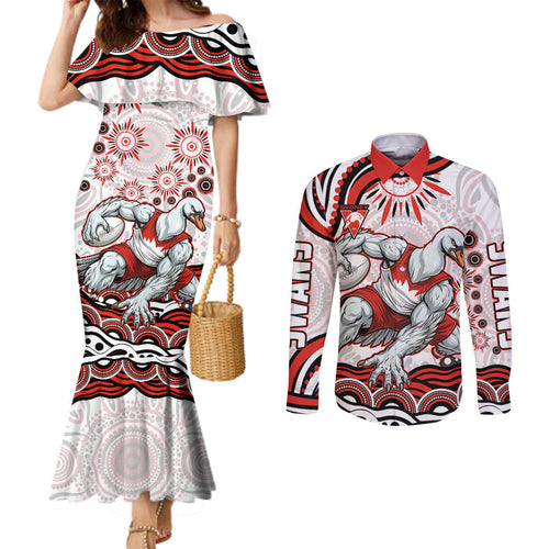 Personalized Sydney Swans Football Mascot Couples Matching Mermaid Dress and Long Sleeve Button Shirt Aboriginal Dot Art - Dreamtime Football Mascot