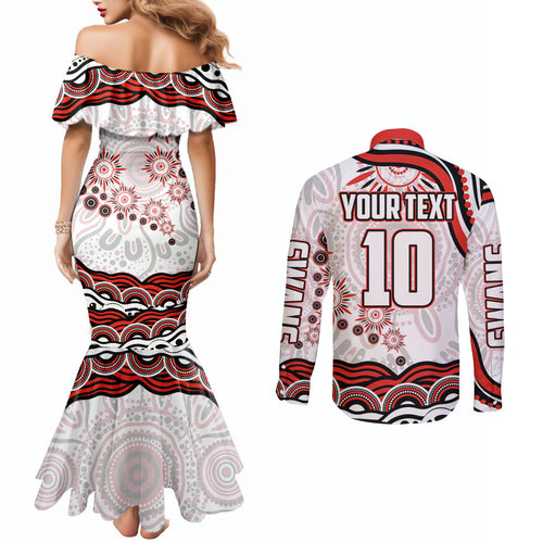 Personalized Sydney Swans Football Mascot Couples Matching Mermaid Dress and Long Sleeve Button Shirt Aboriginal Dot Art - Dreamtime Football Mascot