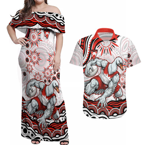 Personalized Sydney Swans Football Mascot Couples Matching Off Shoulder Maxi Dress and Hawaiian Shirt Aboriginal Dot Art - Dreamtime Football Mascot
