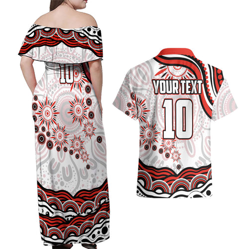 Personalized Sydney Swans Football Mascot Couples Matching Off Shoulder Maxi Dress and Hawaiian Shirt Aboriginal Dot Art - Dreamtime Football Mascot
