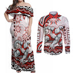 Personalized Sydney Swans Football Mascot Couples Matching Off Shoulder Maxi Dress and Long Sleeve Button Shirt Aboriginal Dot Art - Dreamtime Football Mascot