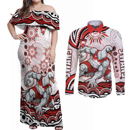 Personalized Sydney Swans Football Mascot Couples Matching Off Shoulder Maxi Dress and Long Sleeve Button Shirt Aboriginal Dot Art - Dreamtime Football Mascot