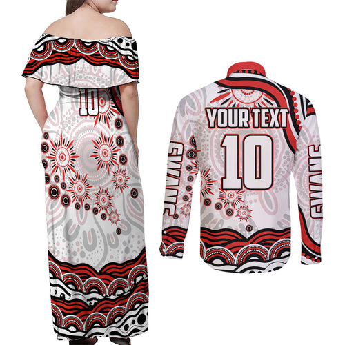 Personalized Sydney Swans Football Mascot Couples Matching Off Shoulder Maxi Dress and Long Sleeve Button Shirt Aboriginal Dot Art - Dreamtime Football Mascot