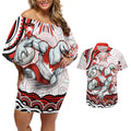 Personalized Sydney Swans Football Mascot Couples Matching Off Shoulder Short Dress and Hawaiian Shirt Aboriginal Dot Art - Dreamtime Football Mascot