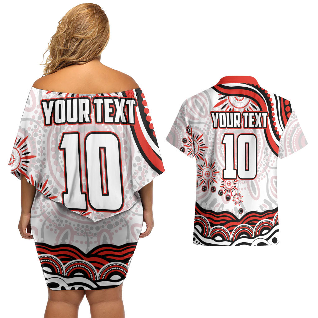 Personalized Sydney Swans Football Mascot Couples Matching Off Shoulder Short Dress and Hawaiian Shirt Aboriginal Dot Art - Dreamtime Football Mascot