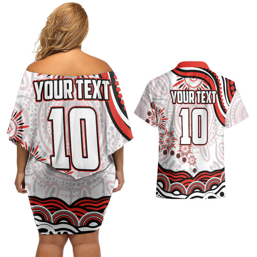 Personalized Sydney Swans Football Mascot Couples Matching Off Shoulder Short Dress and Hawaiian Shirt Aboriginal Dot Art - Dreamtime Football Mascot