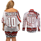 Personalized Sydney Swans Football Mascot Couples Matching Off Shoulder Short Dress and Long Sleeve Button Shirt Aboriginal Dot Art - Dreamtime Football Mascot