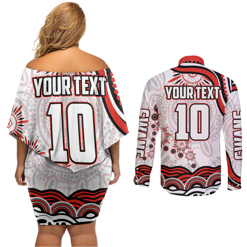 Personalized Sydney Swans Football Mascot Couples Matching Off Shoulder Short Dress and Long Sleeve Button Shirt Aboriginal Dot Art - Dreamtime Football Mascot