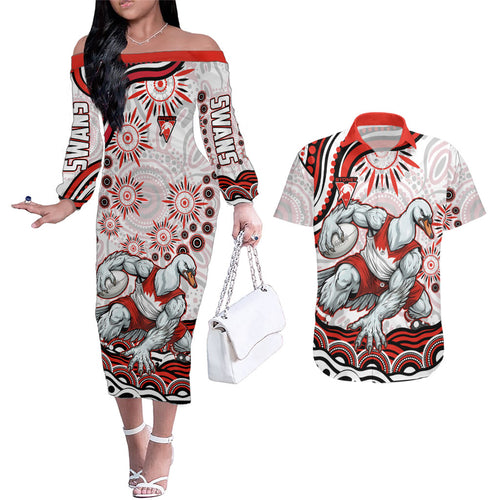 Personalized Sydney Swans Football Mascot Couples Matching Off The Shoulder Long Sleeve Dress and Hawaiian Shirt Aboriginal Dot Art - Dreamtime Football Mascot