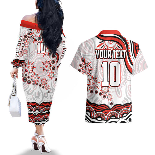 Personalized Sydney Swans Football Mascot Couples Matching Off The Shoulder Long Sleeve Dress and Hawaiian Shirt Aboriginal Dot Art - Dreamtime Football Mascot