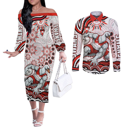 Personalized Sydney Swans Football Mascot Couples Matching Off The Shoulder Long Sleeve Dress and Long Sleeve Button Shirt Aboriginal Dot Art - Dreamtime Football Mascot