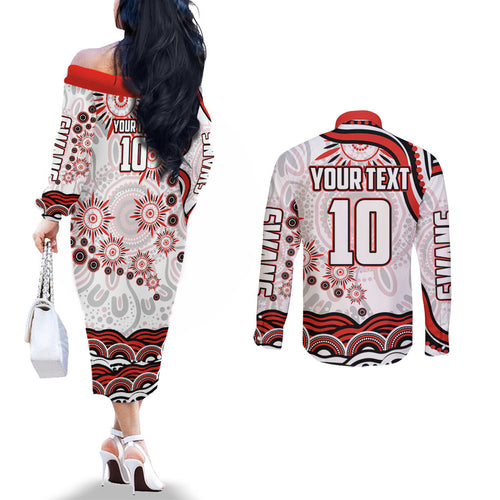 Personalized Sydney Swans Football Mascot Couples Matching Off The Shoulder Long Sleeve Dress and Long Sleeve Button Shirt Aboriginal Dot Art - Dreamtime Football Mascot