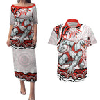 Personalized Sydney Swans Football Mascot Couples Matching Puletasi and Hawaiian Shirt Aboriginal Dot Art - Dreamtime Football Mascot