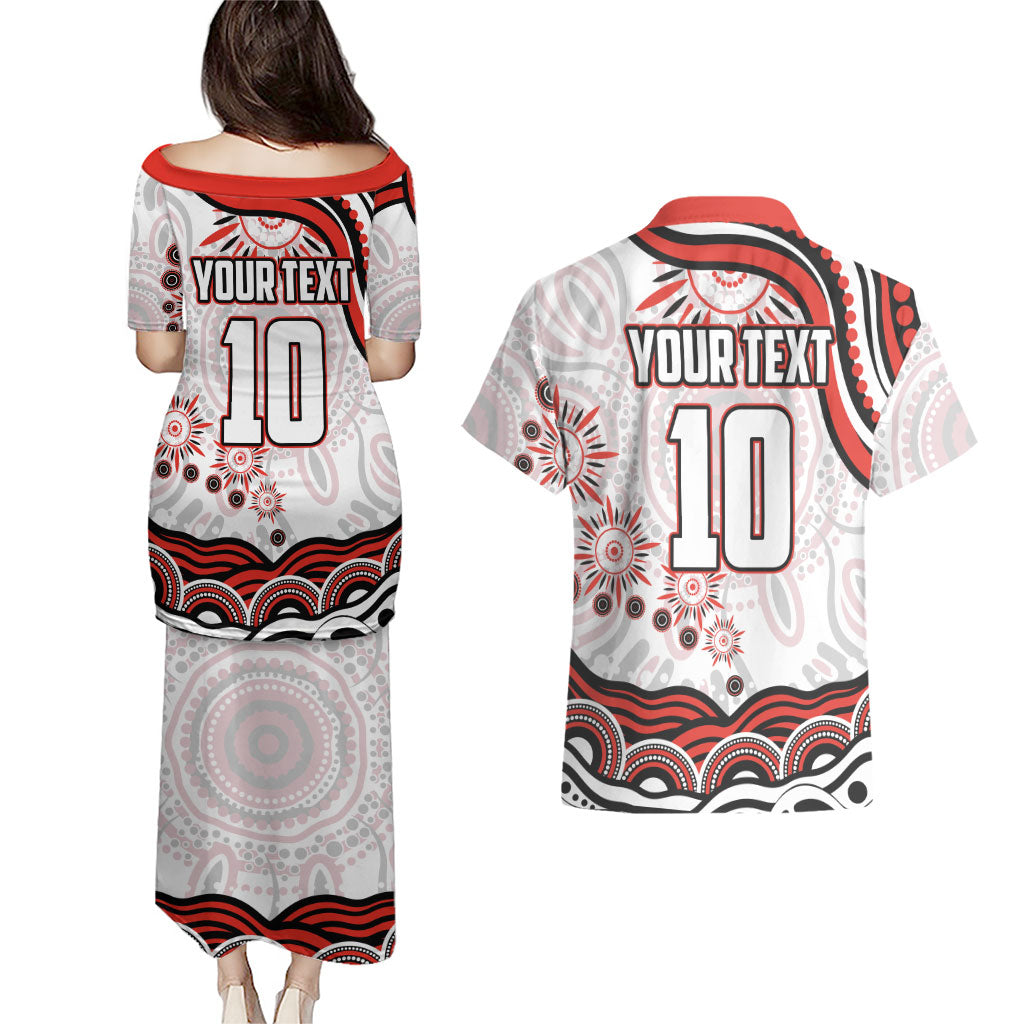 Personalized Sydney Swans Football Mascot Couples Matching Puletasi and Hawaiian Shirt Aboriginal Dot Art - Dreamtime Football Mascot