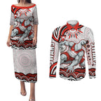 Personalized Sydney Swans Football Mascot Couples Matching Puletasi and Long Sleeve Button Shirt Aboriginal Dot Art - Dreamtime Football Mascot