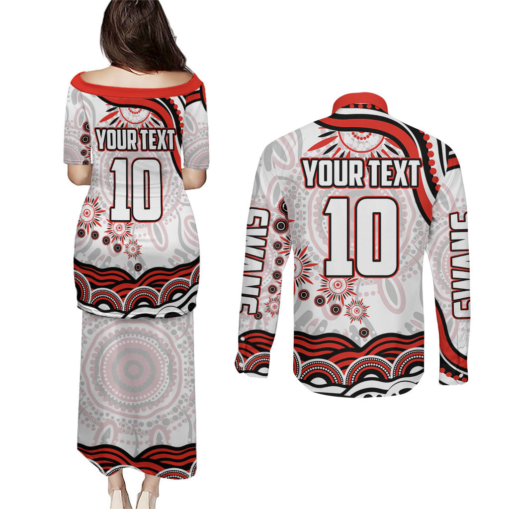 Personalized Sydney Swans Football Mascot Couples Matching Puletasi and Long Sleeve Button Shirt Aboriginal Dot Art - Dreamtime Football Mascot