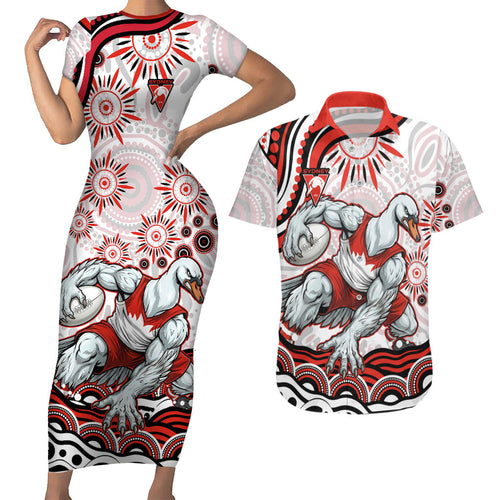 Personalized Sydney Swans Football Mascot Couples Matching Short Sleeve Bodycon Dress and Hawaiian Shirt Aboriginal Dot Art - Dreamtime Football Mascot