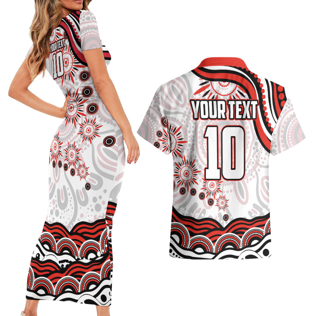 Personalized Sydney Swans Football Mascot Couples Matching Short Sleeve Bodycon Dress and Hawaiian Shirt Aboriginal Dot Art - Dreamtime Football Mascot