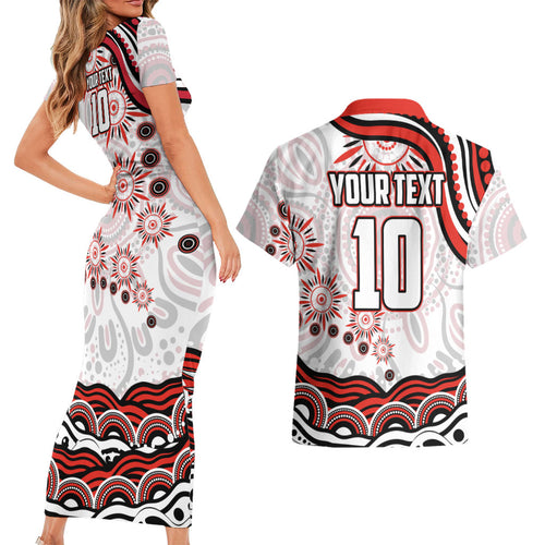 Personalized Sydney Swans Football Mascot Couples Matching Short Sleeve Bodycon Dress and Hawaiian Shirt Aboriginal Dot Art - Dreamtime Football Mascot
