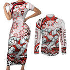 Personalized Sydney Swans Football Mascot Couples Matching Short Sleeve Bodycon Dress and Long Sleeve Button Shirt Aboriginal Dot Art - Dreamtime Football Mascot