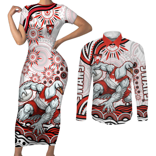 Personalized Sydney Swans Football Mascot Couples Matching Short Sleeve Bodycon Dress and Long Sleeve Button Shirt Aboriginal Dot Art - Dreamtime Football Mascot