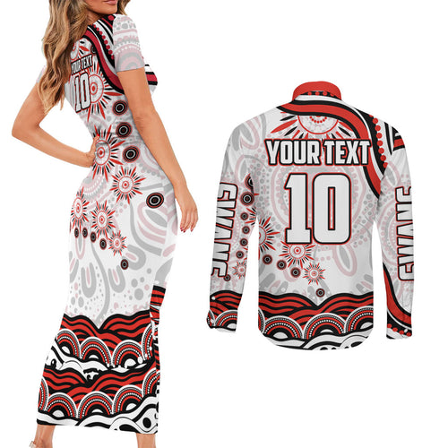 Personalized Sydney Swans Football Mascot Couples Matching Short Sleeve Bodycon Dress and Long Sleeve Button Shirt Aboriginal Dot Art - Dreamtime Football Mascot