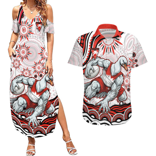 Personalized Sydney Swans Football Mascot Couples Matching Summer Maxi Dress and Hawaiian Shirt Aboriginal Dot Art - Dreamtime Football Mascot