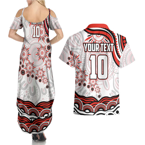 Personalized Sydney Swans Football Mascot Couples Matching Summer Maxi Dress and Hawaiian Shirt Aboriginal Dot Art - Dreamtime Football Mascot