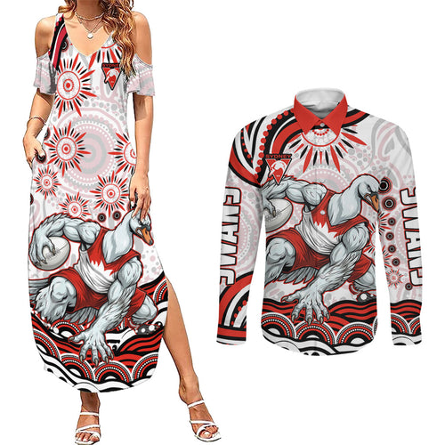 Personalized Sydney Swans Football Mascot Couples Matching Summer Maxi Dress and Long Sleeve Button Shirt Aboriginal Dot Art - Dreamtime Football Mascot