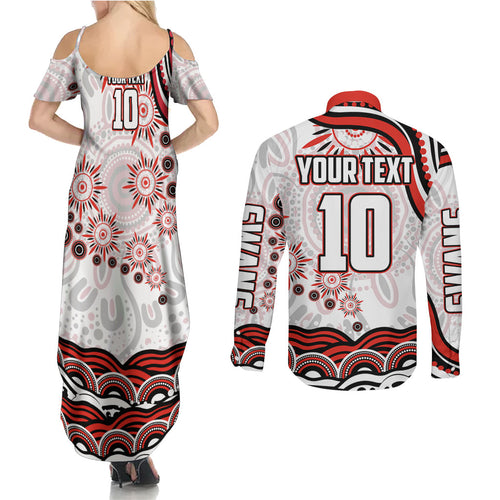Personalized Sydney Swans Football Mascot Couples Matching Summer Maxi Dress and Long Sleeve Button Shirt Aboriginal Dot Art - Dreamtime Football Mascot