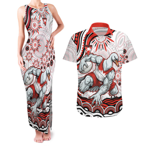 Personalized Sydney Swans Football Mascot Couples Matching Tank Maxi Dress and Hawaiian Shirt Aboriginal Dot Art - Dreamtime Football Mascot