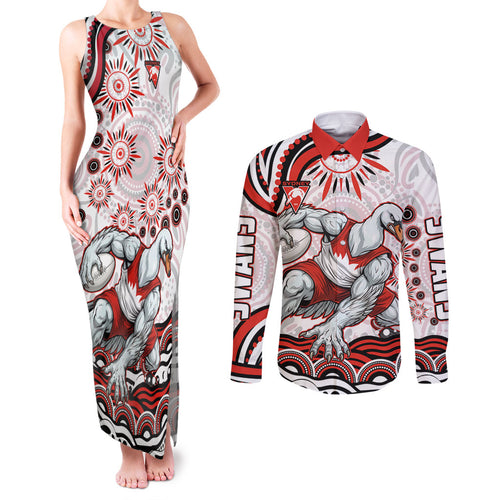 Personalized Sydney Swans Football Mascot Couples Matching Tank Maxi Dress and Long Sleeve Button Shirt Aboriginal Dot Art - Dreamtime Football Mascot