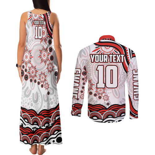 Personalized Sydney Swans Football Mascot Couples Matching Tank Maxi Dress and Long Sleeve Button Shirt Aboriginal Dot Art - Dreamtime Football Mascot
