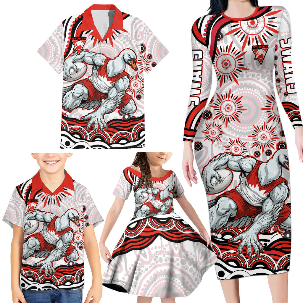 Personalized Sydney Swans Football Mascot Family Matching Long Sleeve Bodycon Dress and Hawaiian Shirt Aboriginal Dot Art - Dreamtime Football Mascot