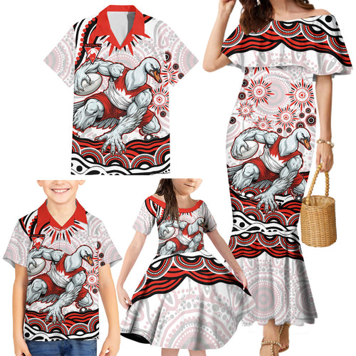 Personalized Sydney Swans Football Mascot Family Matching Mermaid Dress and Hawaiian Shirt Aboriginal Dot Art - Dreamtime Football Mascot