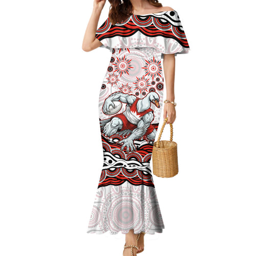 Personalized Sydney Swans Football Mascot Family Matching Mermaid Dress and Hawaiian Shirt Aboriginal Dot Art - Dreamtime Football Mascot