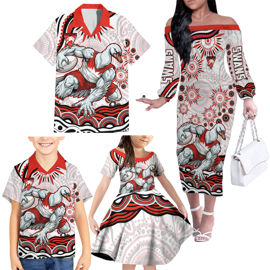 Personalized Sydney Swans Football Mascot Family Matching Off The Shoulder Long Sleeve Dress and Hawaiian Shirt Aboriginal Dot Art - Dreamtime Football Mascot