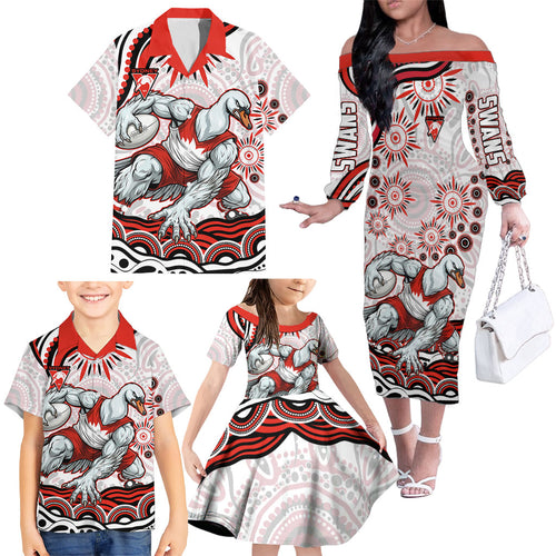 Personalized Sydney Swans Football Mascot Family Matching Off The Shoulder Long Sleeve Dress and Hawaiian Shirt Aboriginal Dot Art - Dreamtime Football Mascot
