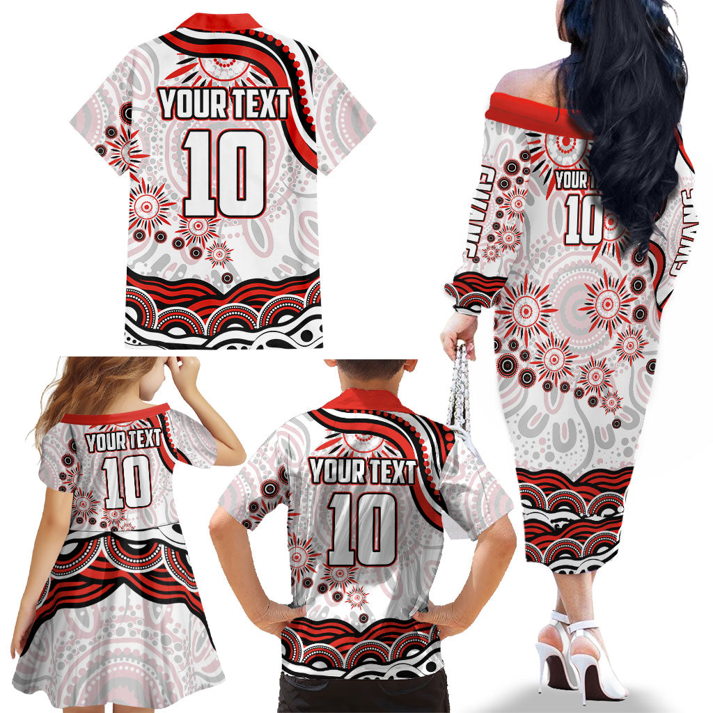 Personalized Sydney Swans Football Mascot Family Matching Off The Shoulder Long Sleeve Dress and Hawaiian Shirt Aboriginal Dot Art - Dreamtime Football Mascot